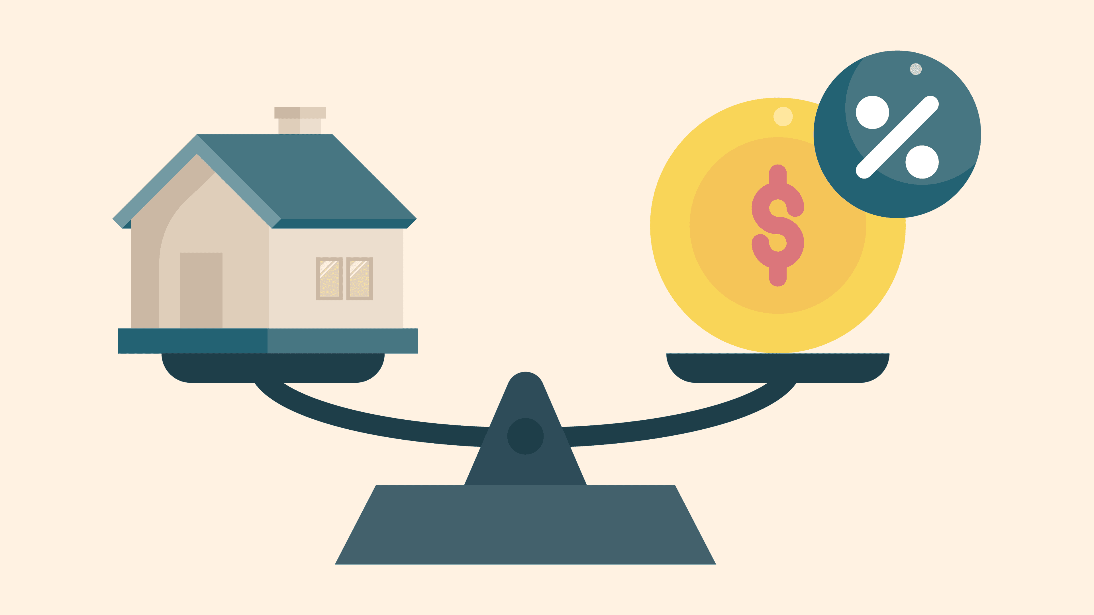 Illustration of a house balanced against mortgage costs and interest rates